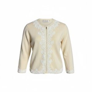 Vintage 50s Doreen Lok Honk Kong Hilton Arcade Hand Beaded Cream Cardigan - S